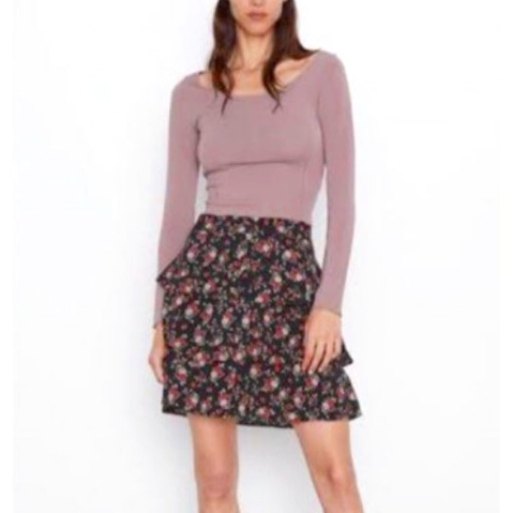 ZARA Floral Ruffle High Waist Mini Skirt